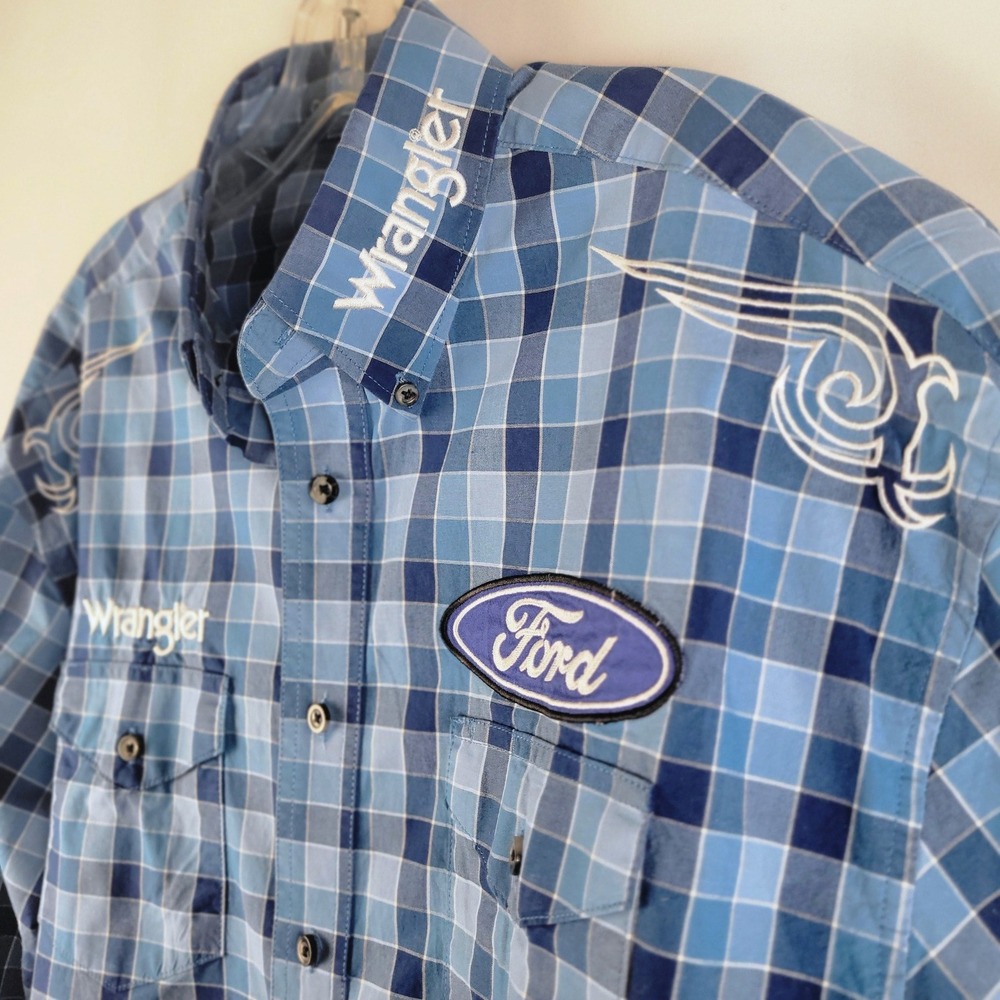 Wrangler x Ford Western Shirt Men Large Blue Plaid Long Sleeve Button Down Logo - Picture 6 of 8